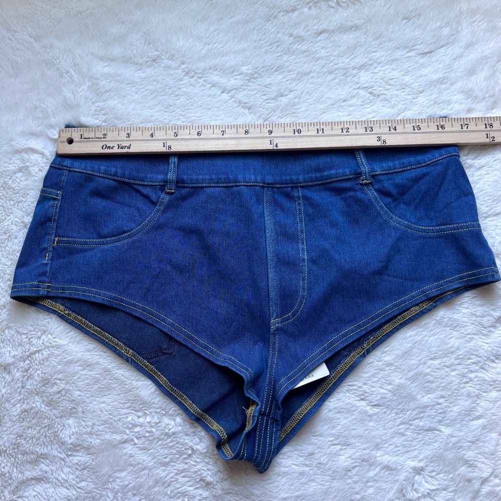 Halara Blue High Waisted Cheeky Denim Shorts XL Stretch Hot Pants High Cut Leg - Picture 8 of 14